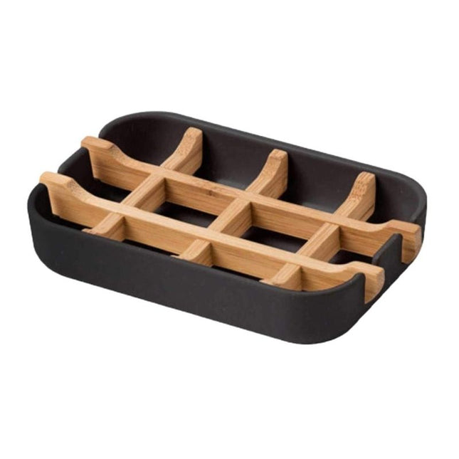 Schwarze Seifenablage mit Bambusgitter Einsatz