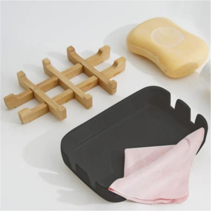 Schwarze Seifenablage mit Bambusgitter Einsatz