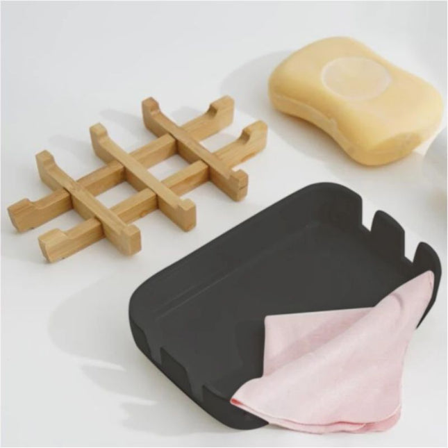 Schwarze Seifenablage mit Bambusgitter Einsatz