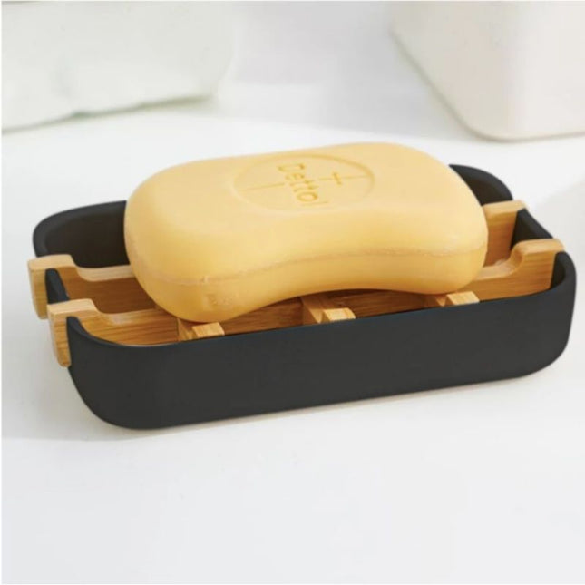 Schwarze Seifenablage mit Bambusgitter Einsatz